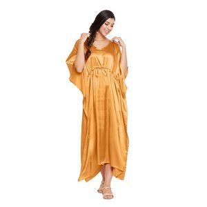 Riara Loose Kaftan Dress Satin Night Wear Sateen Long Maxi with Sleeve for Women